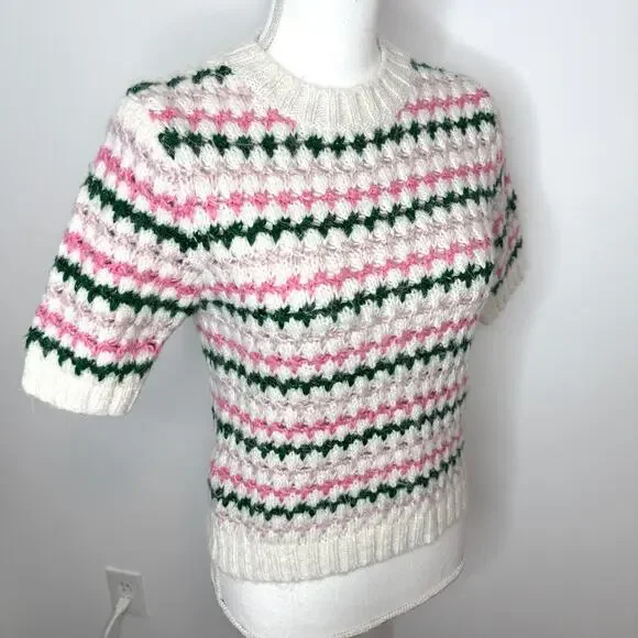 ZARA Crochet Knit Cropped Pastel Short Sleeve Sweater In Cream Pink Size Small - Picture 4 of 10